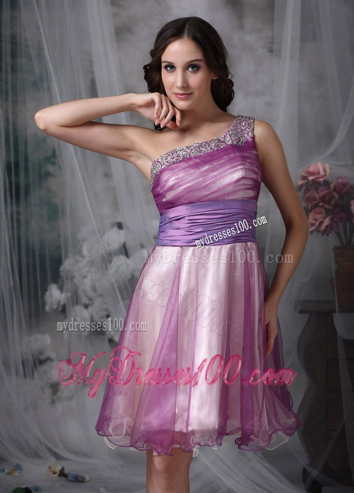 Lavender One Shoulder Mini-length Party Dress With Beading