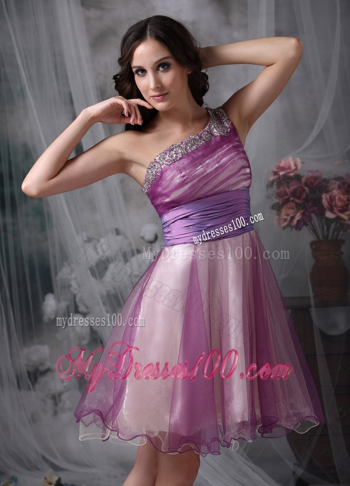 Lavender One Shoulder Mini-length Party Dress With Beading