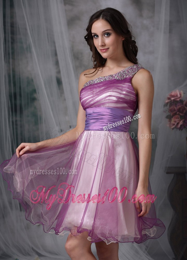 Lavender One Shoulder Mini-length Party Dress With Beading