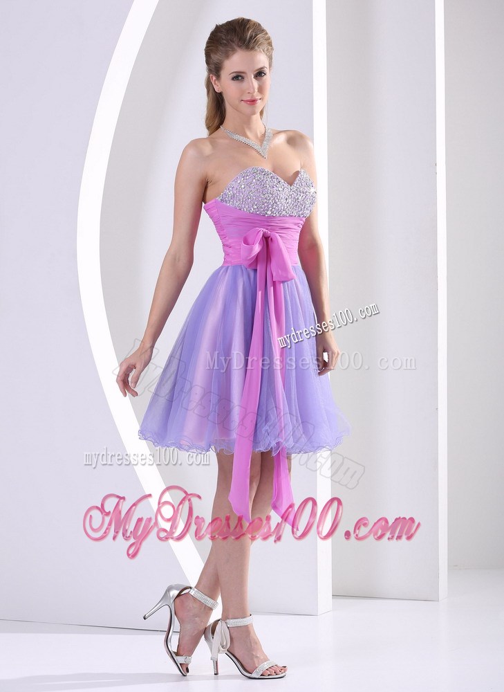 Beading Sweetheart Lavender and Lilac Sash Knee-length Party Dress