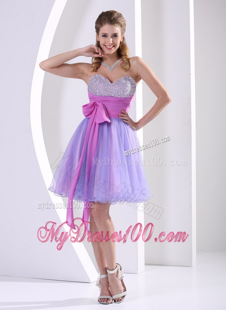 Beading Sweetheart Lavender and Lilac Sash Knee-length Party Dress
