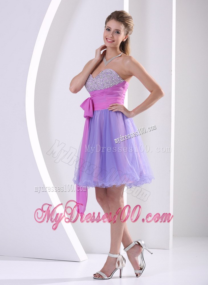 Beading Sweetheart Lavender and Lilac Sash Knee-length Party Dress