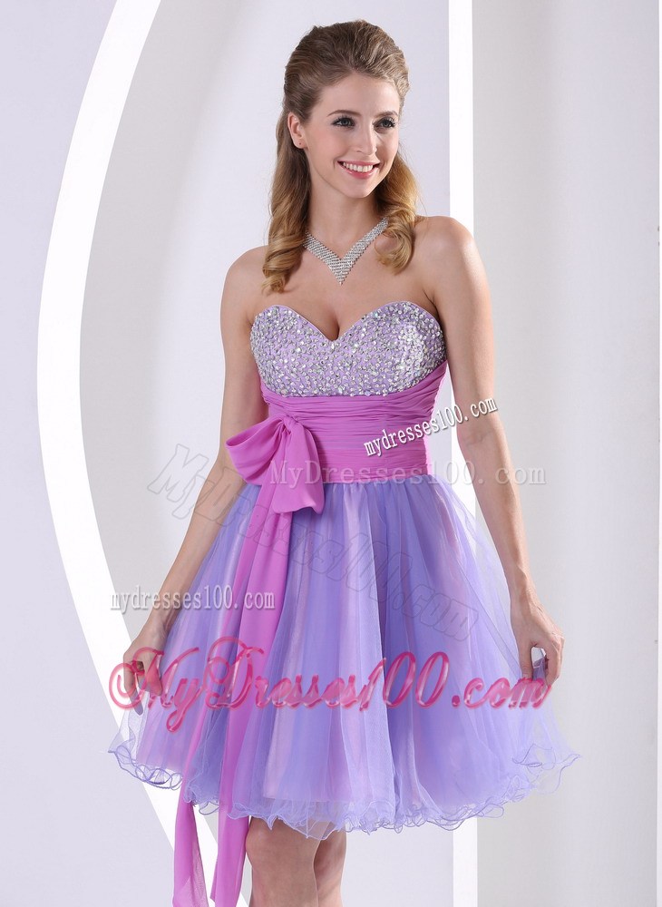 Beading Sweetheart Lavender and Lilac Sash Knee-length Party Dress