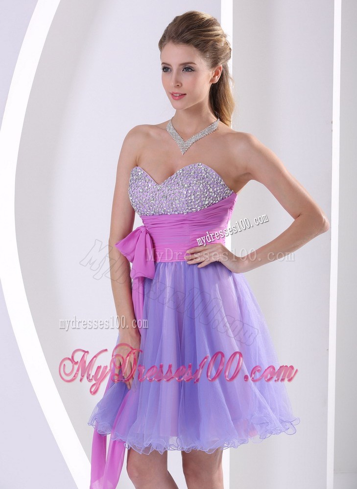 Beading Sweetheart Lavender and Lilac Sash Knee-length Party Dress
