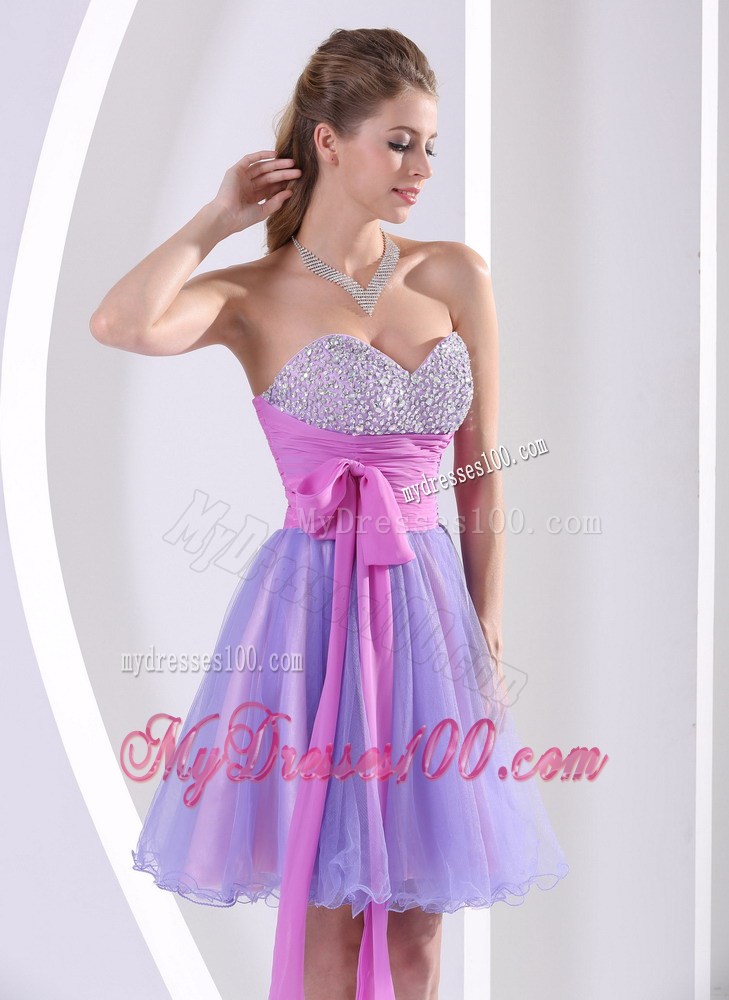 Beading Sweetheart Lavender and Lilac Sash Knee-length Party Dress
