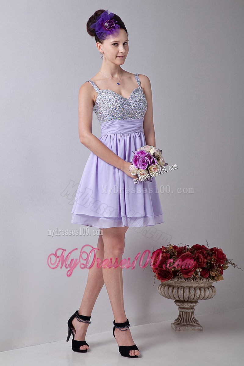 2013 Elegant Lilac Empire Straps Mini-length Beading Party Dresses