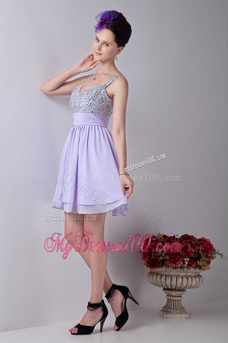 2013 Elegant Lilac Empire Straps Mini-length Beading Party Dresses