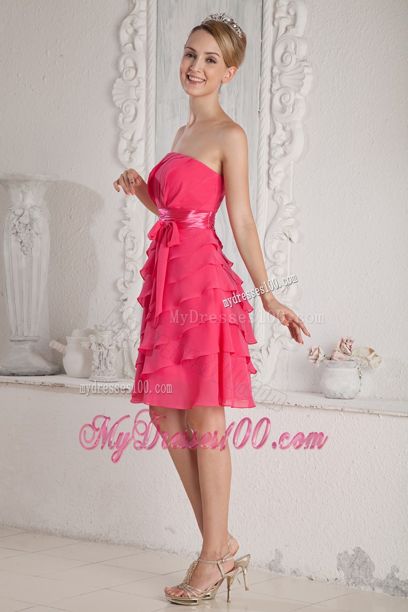 Hot Pink Empire Strapless Ruched and Sash Party Dresses Mini-length