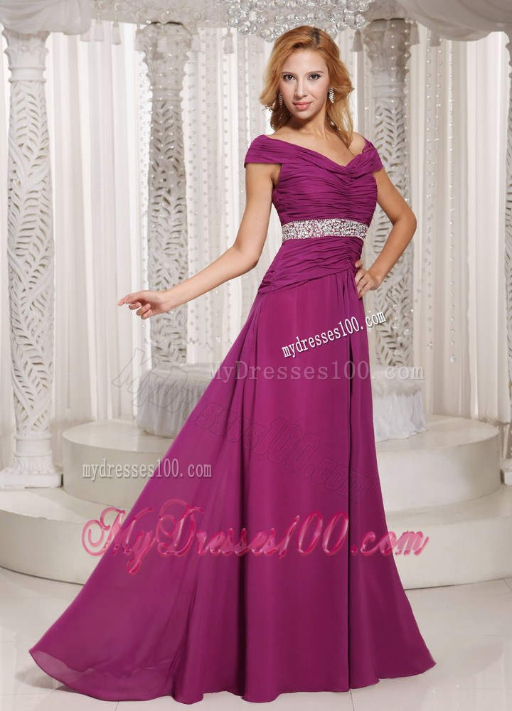 Fuchsia Off The Shoulder Beading Customize Party Dresses For Spring