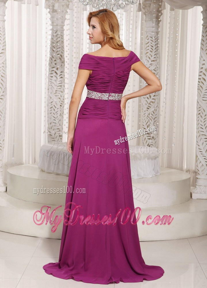 Fuchsia Off The Shoulder Beading Customize Party Dresses For Spring