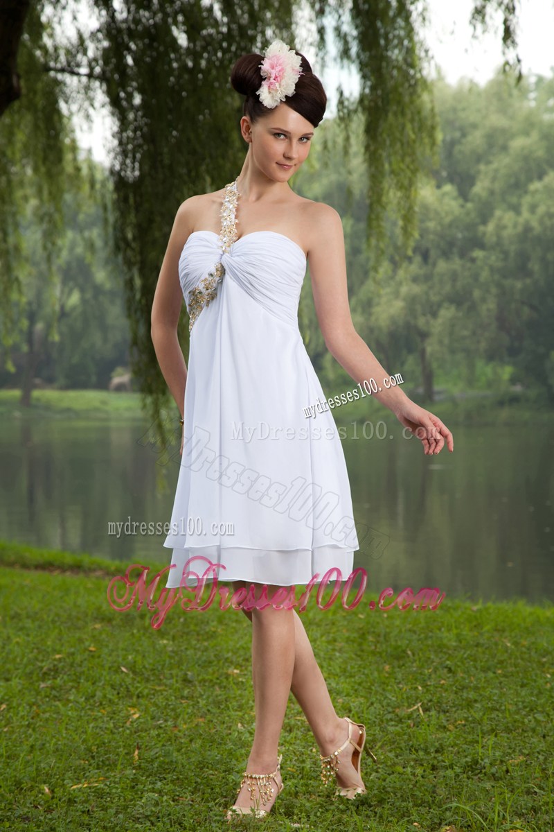 2013 White Empire One Shoulder Party Dress Beading Knee-length