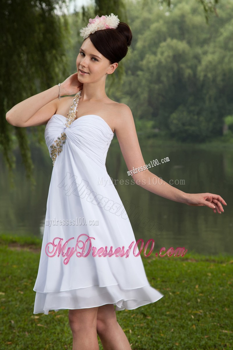 2013 White Empire One Shoulder Party Dress Beading Knee-length