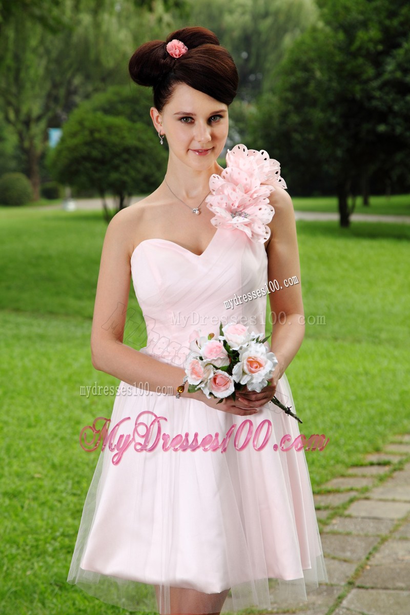 Light Pink One Shoulder Hand Made Flowers Short Party Dress