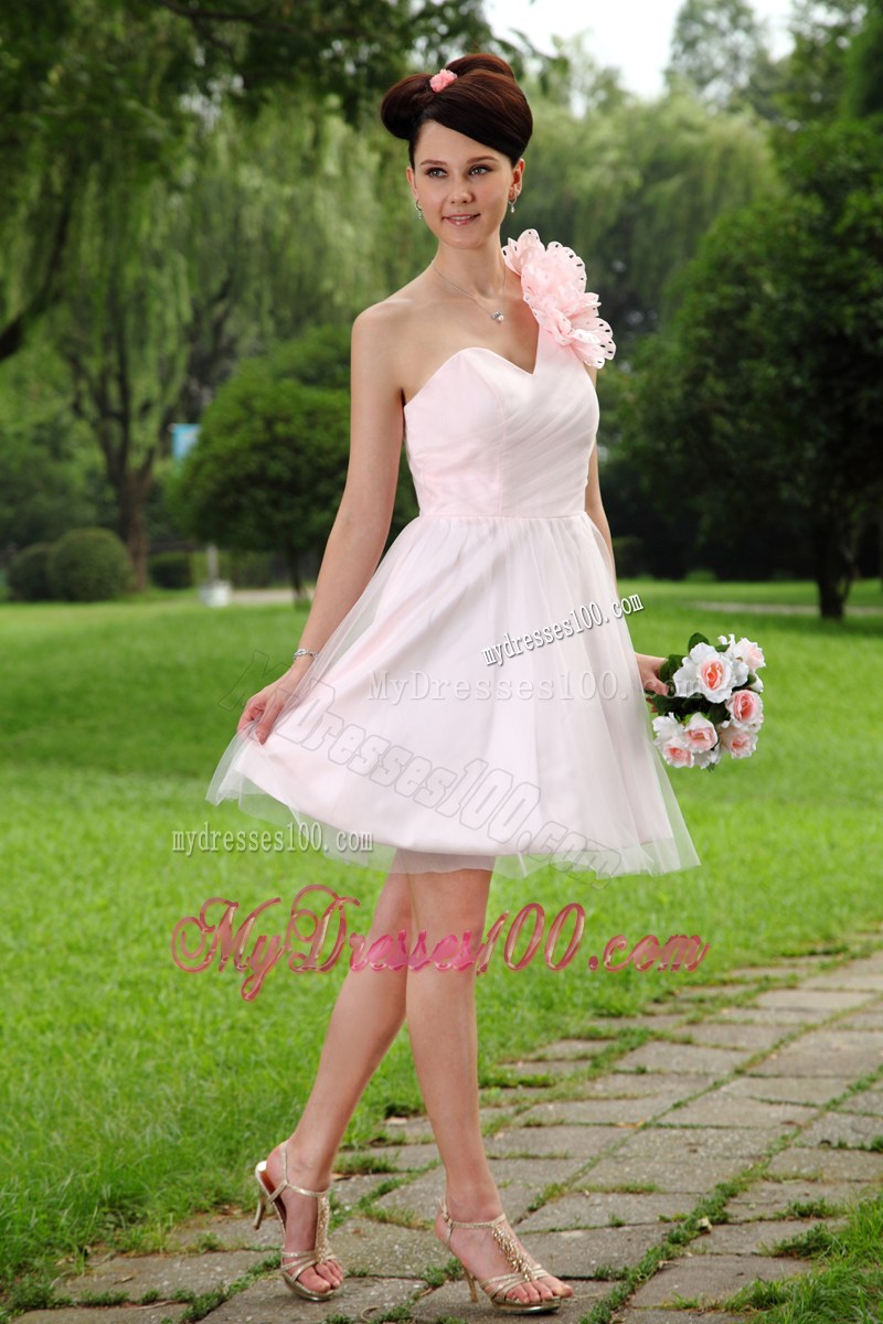 Light Pink One Shoulder Hand Made Flowers Short Party Dress