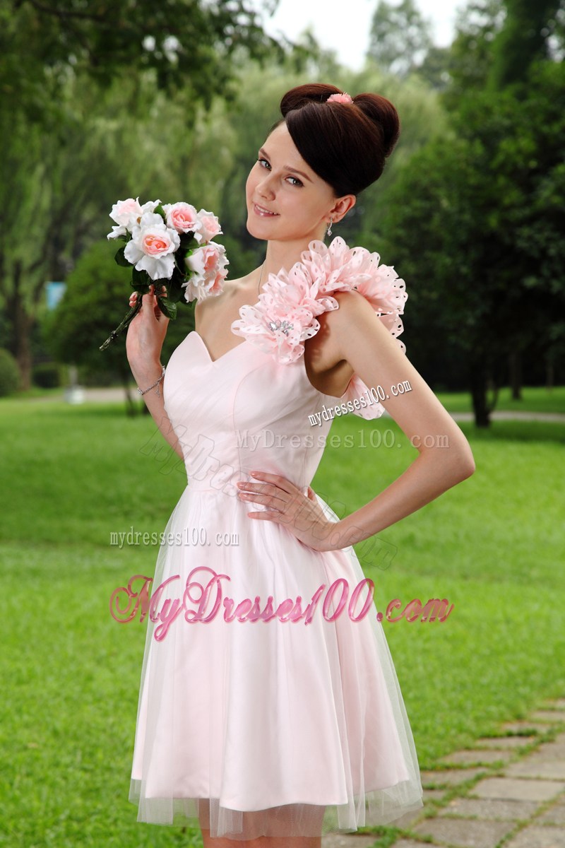 Light Pink One Shoulder Hand Made Flowers Short Party Dress