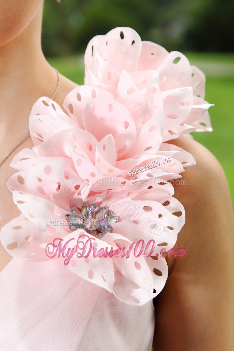 Light Pink One Shoulder Hand Made Flowers Short Party Dress