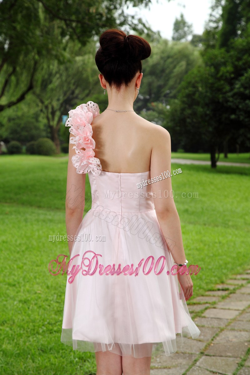 Light Pink One Shoulder Hand Made Flowers Short Party Dress
