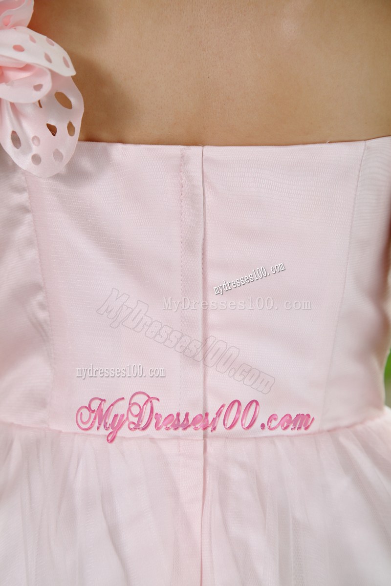 Light Pink One Shoulder Hand Made Flowers Short Party Dress