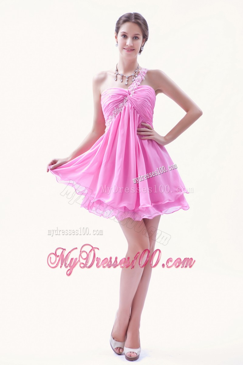 Rose Pink Princess Beading Party Dresses One Shoulder Mini-length