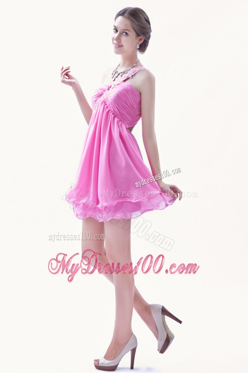 Rose Pink Princess Beading Party Dresses One Shoulder Mini-length