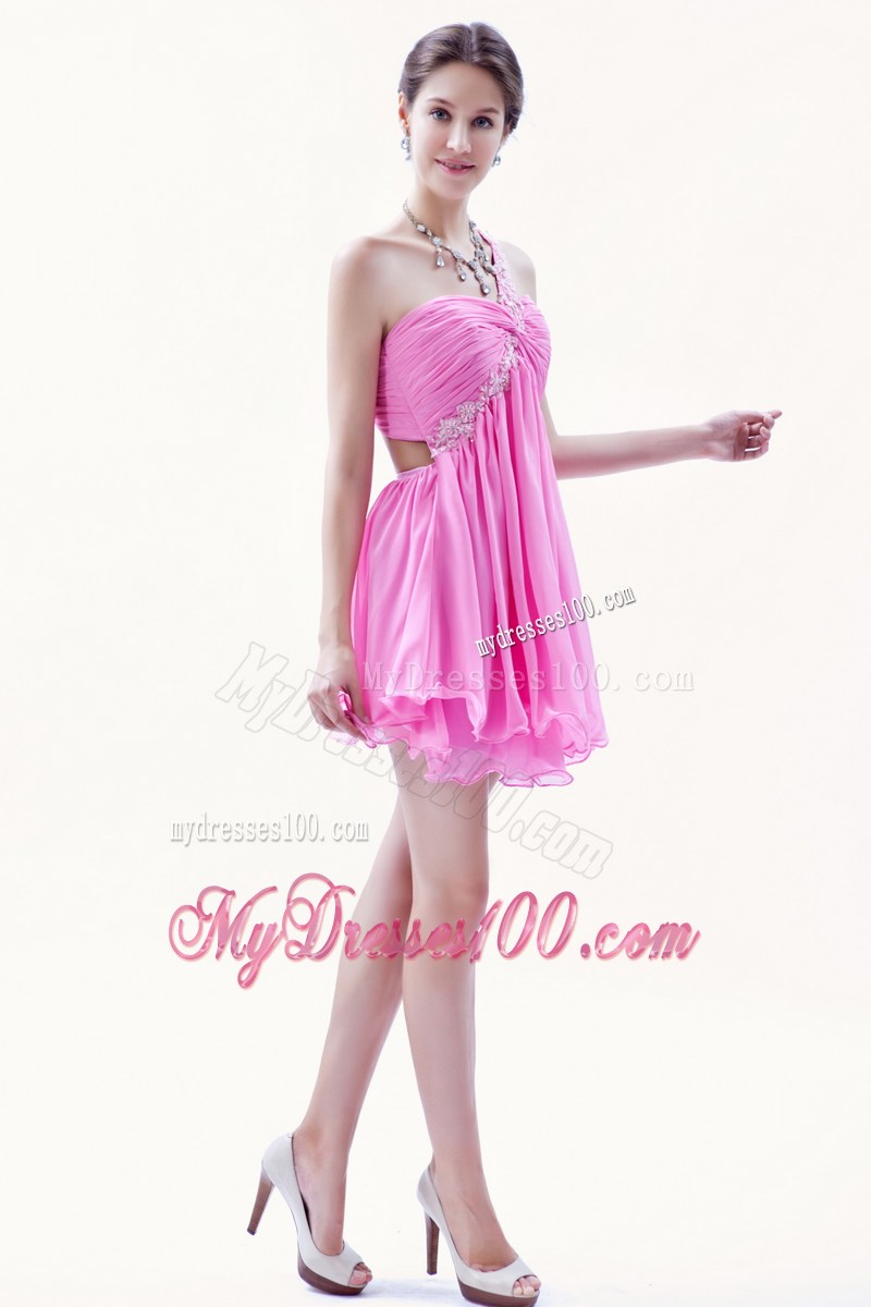 Rose Pink Princess Beading Party Dresses One Shoulder Mini-length