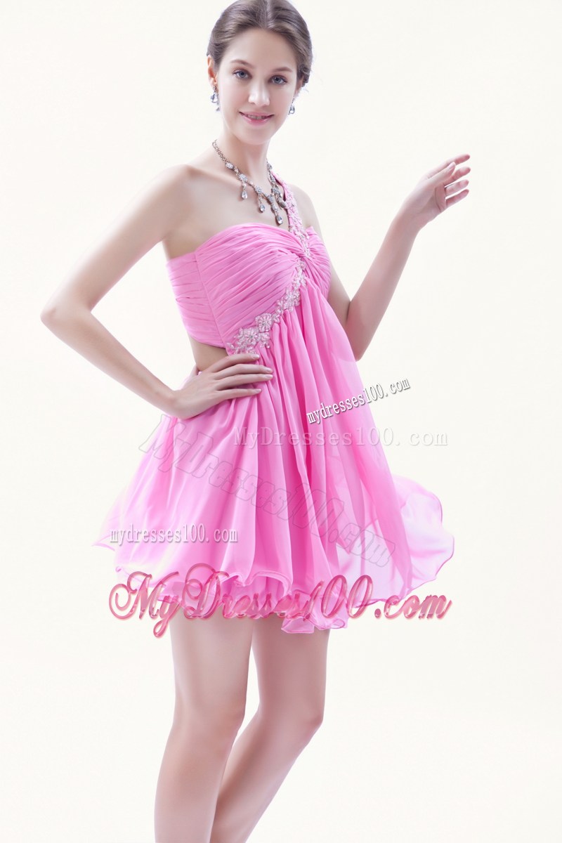 Rose Pink Princess Beading Party Dresses One Shoulder Mini-length