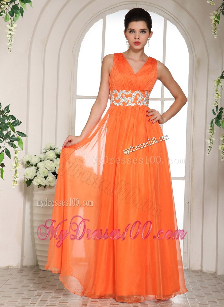 2013 Orange Red V-neck Ruched and Beading Popular Party Dress
