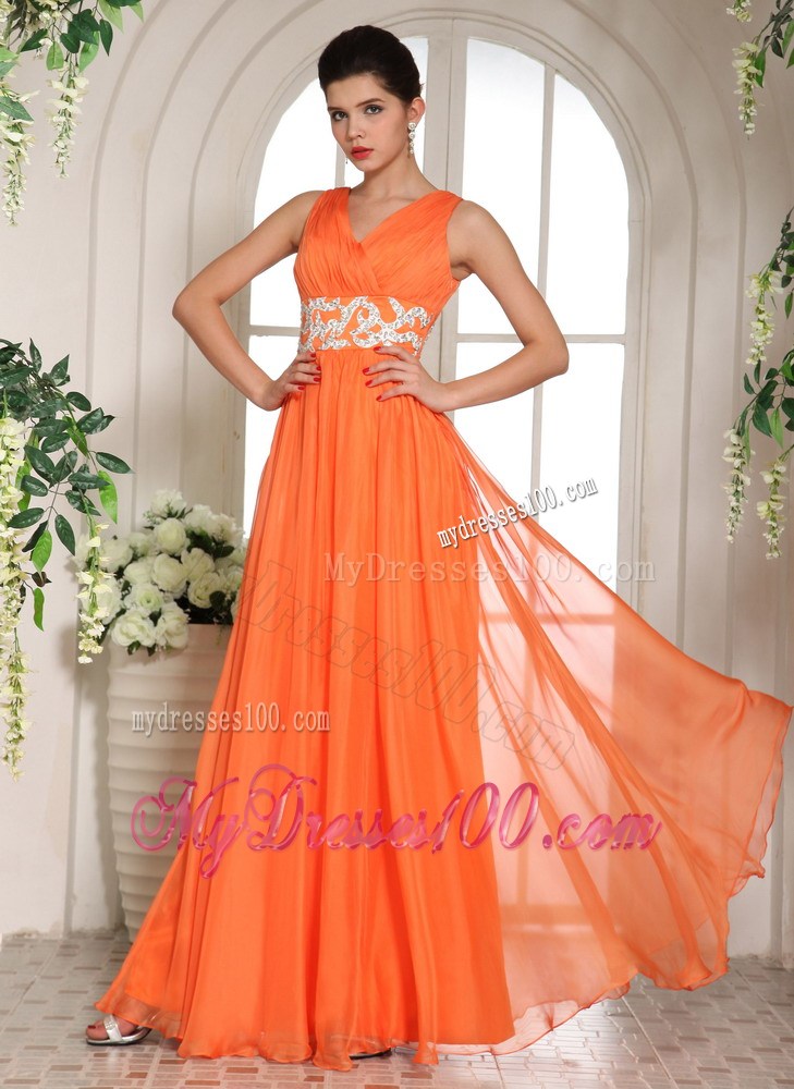 2013 Orange Red V-neck Ruched and Beading Popular Party Dress