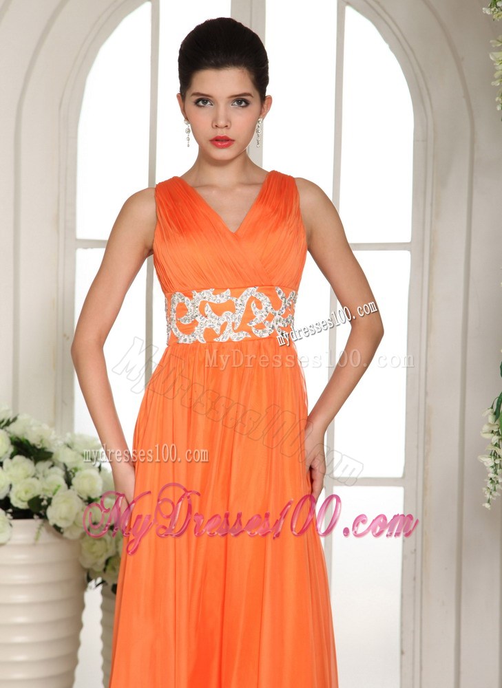 2013 Orange Red V-neck Ruched and Beading Popular Party Dress
