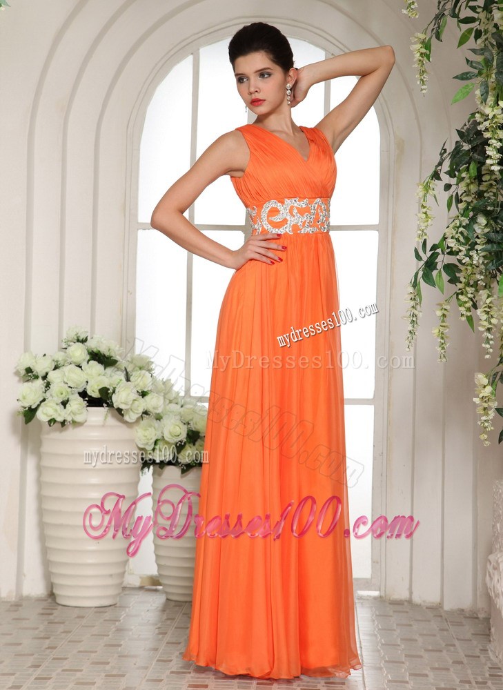 2013 Orange Red V-neck Ruched and Beading Popular Party Dress