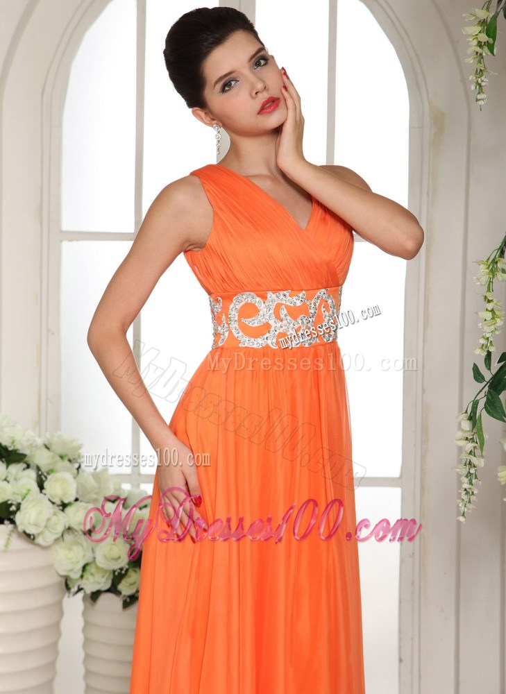 2013 Orange Red V-neck Ruched and Beading Popular Party Dress