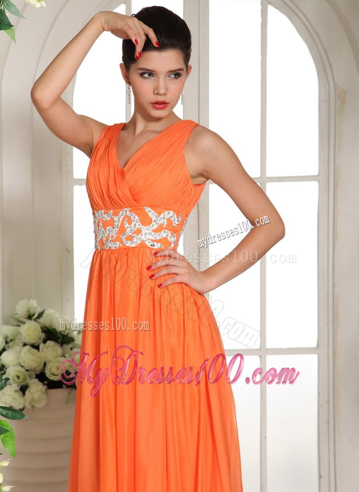 2013 Orange Red V-neck Ruched and Beading Popular Party Dress