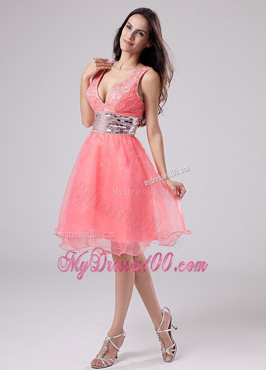 Paillette V-neck Princess Knee-length Party Dresses Watermelon