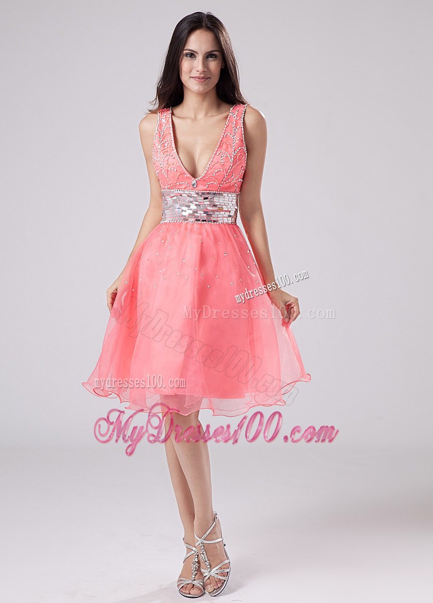Paillette V-neck Princess Knee-length Party Dresses Watermelon