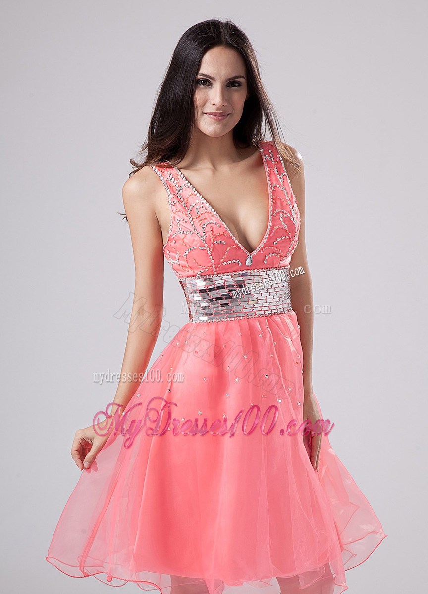 Paillette V-neck Princess Knee-length Party Dresses Watermelon