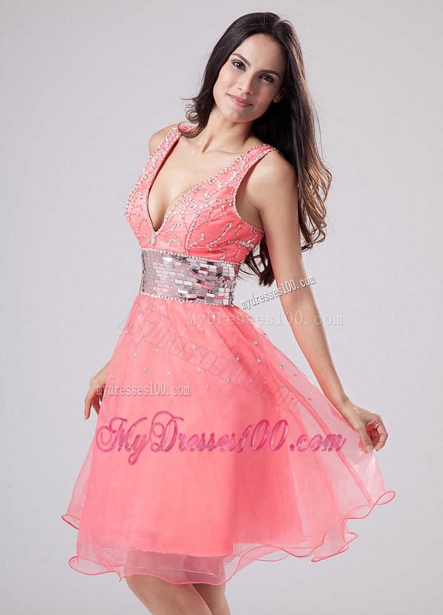Paillette V-neck Princess Knee-length Party Dresses Watermelon