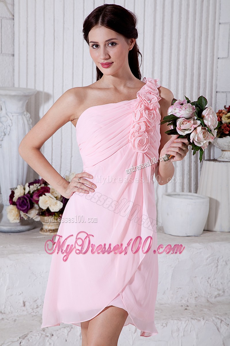 Pink Empire One Shoulder Short Party Dresses Hand Made Flowers