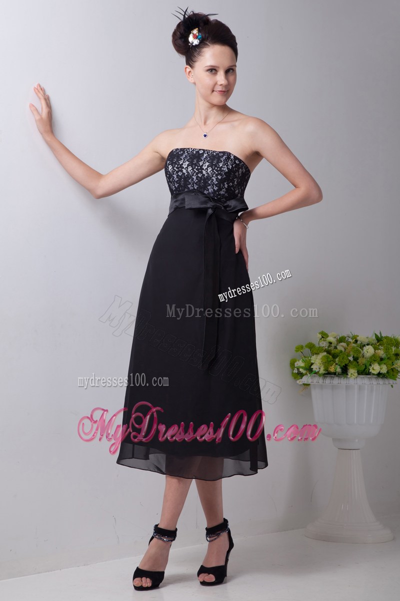 2013Cheap Black Empire Strapless Party Dresses Sashes Tea-length