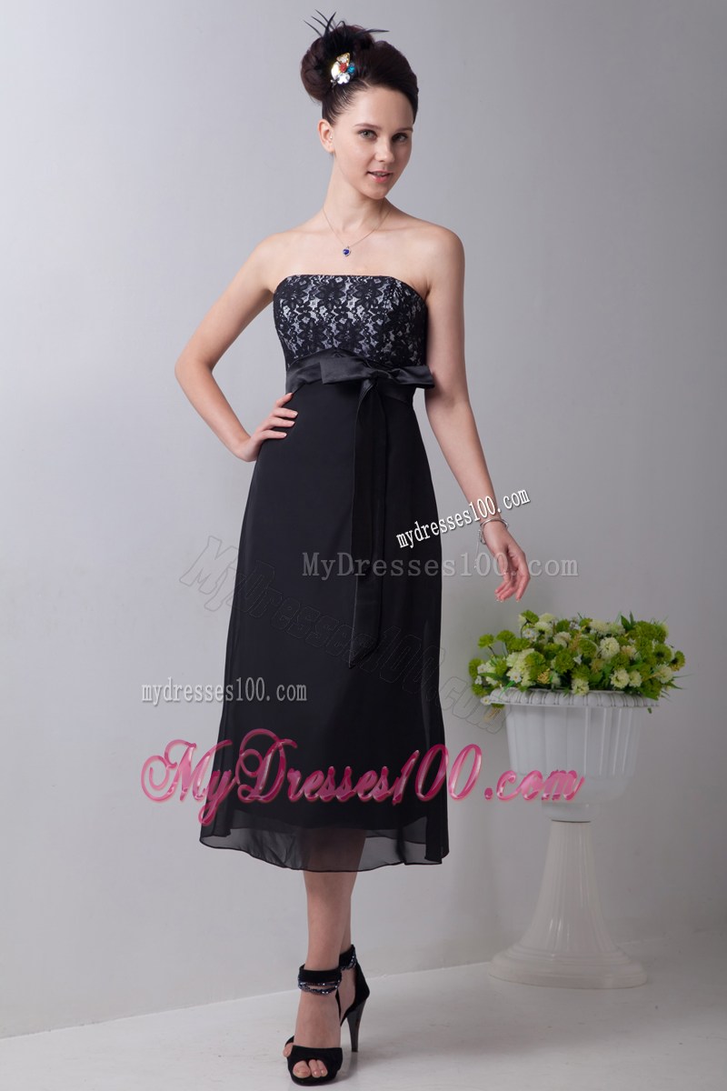 2013Cheap Black Empire Strapless Party Dresses Sashes Tea-length
