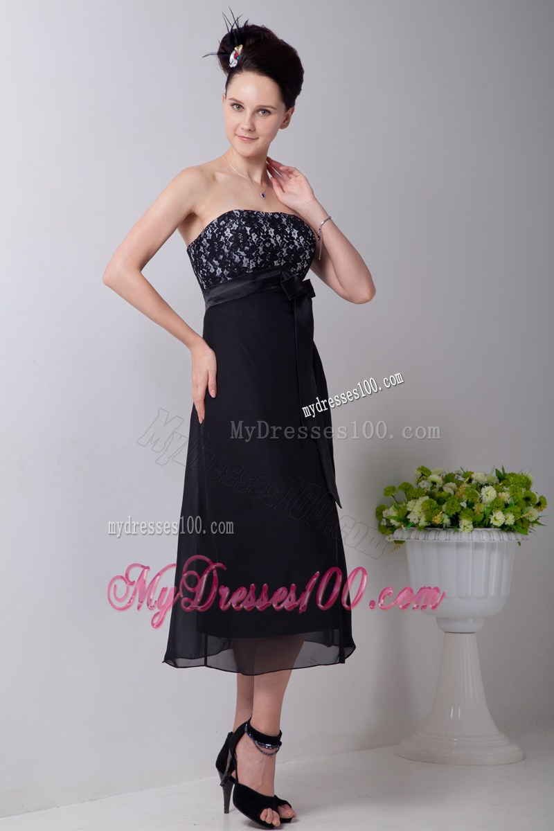 2013Cheap Black Empire Strapless Party Dresses Sashes Tea-length