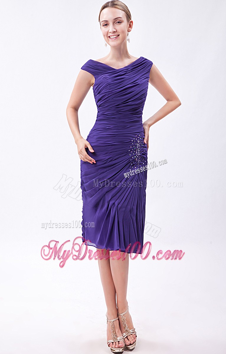 Simple Purple Column V-neck Party Dresses Beading Knee-length
