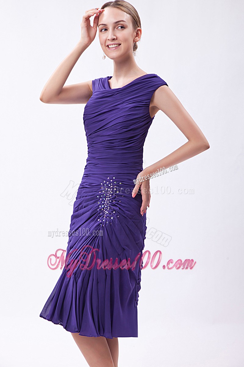 Simple Purple Column V-neck Party Dresses Beading Knee-length