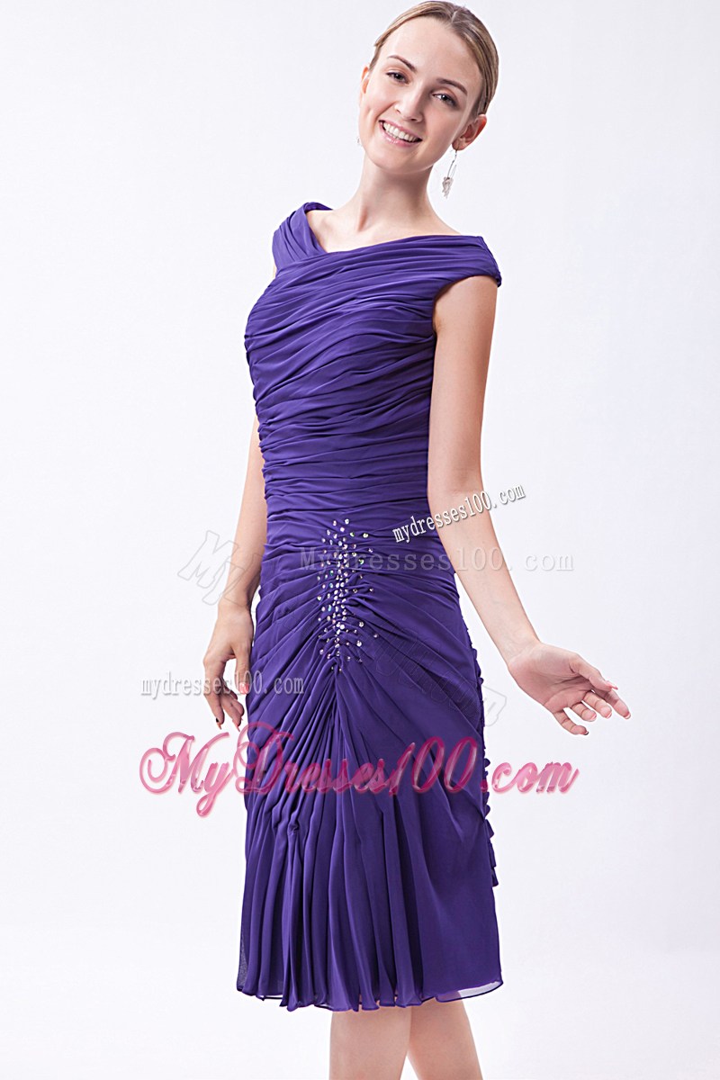 Simple Purple Column V-neck Party Dresses Beading Knee-length