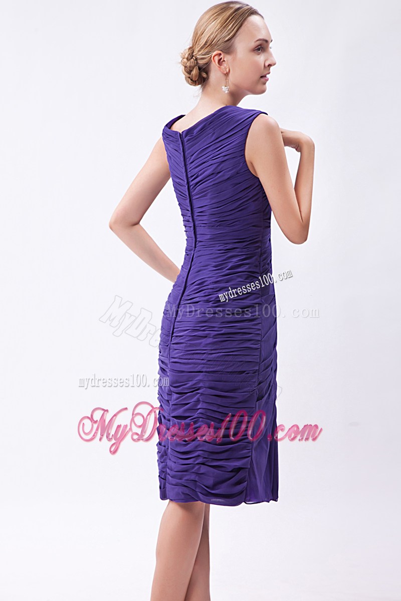 Simple Purple Column V-neck Party Dresses Beading Knee-length