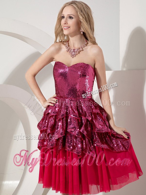 Custom Red Column Party Dresses Sweetheart Sequins Knee-length