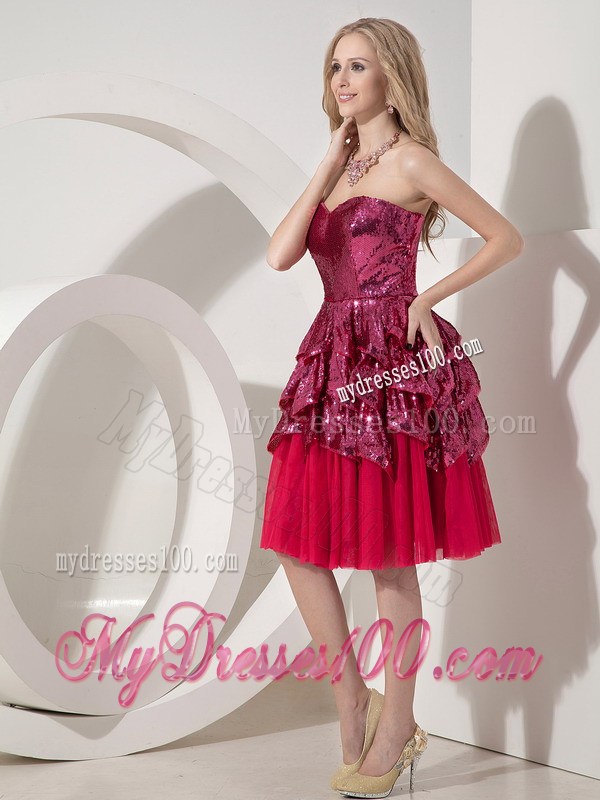Custom Red Column Party Dresses Sweetheart Sequins Knee-length