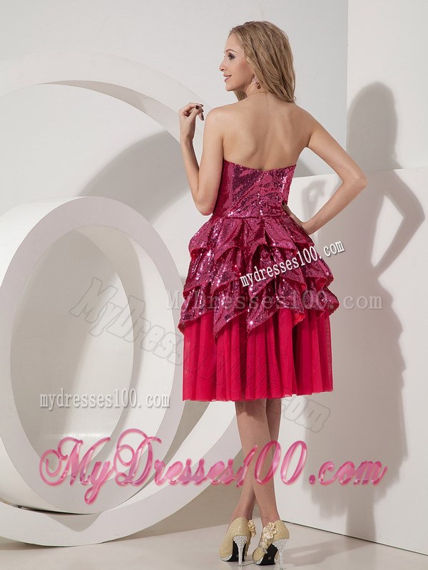Custom Red Column Party Dresses Sweetheart Sequins Knee-length