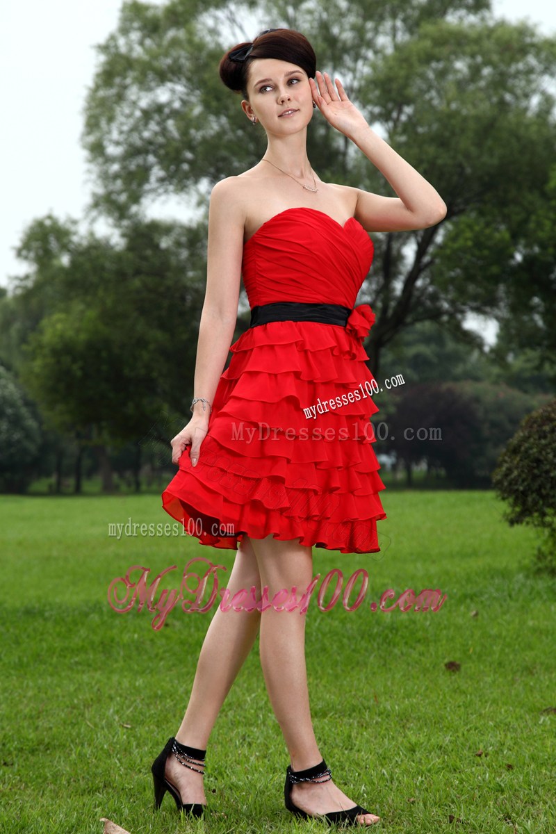 Red Sweetheart Party Dresses Hand Made Flower Mini-length
