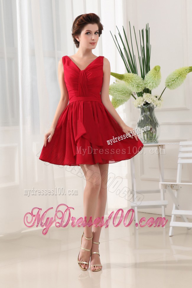 Simple Red Princess V-neck Ruched For Party Dress With Mini-length