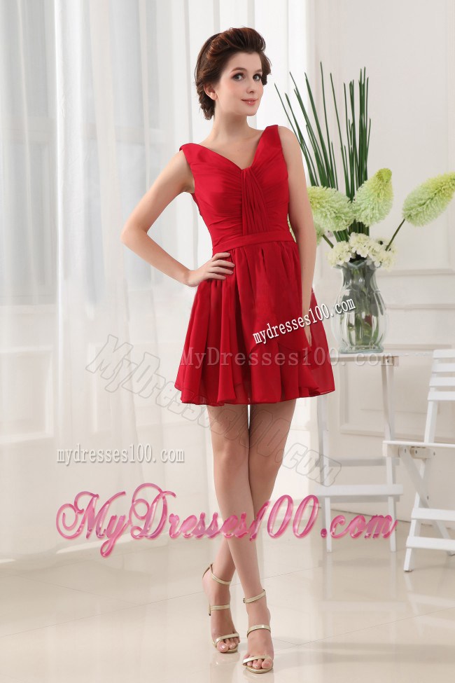 Simple Red Princess V-neck Ruched For Party Dress With Mini-length